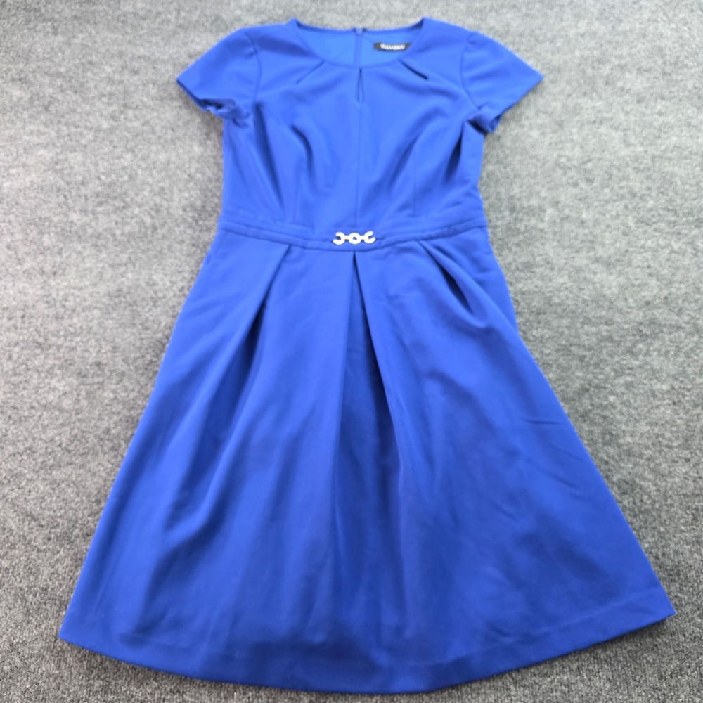 Ellen Tracy Fit Flare Dress Keyhole Cutout Gold Chain Royal Blue 6P Petite Women